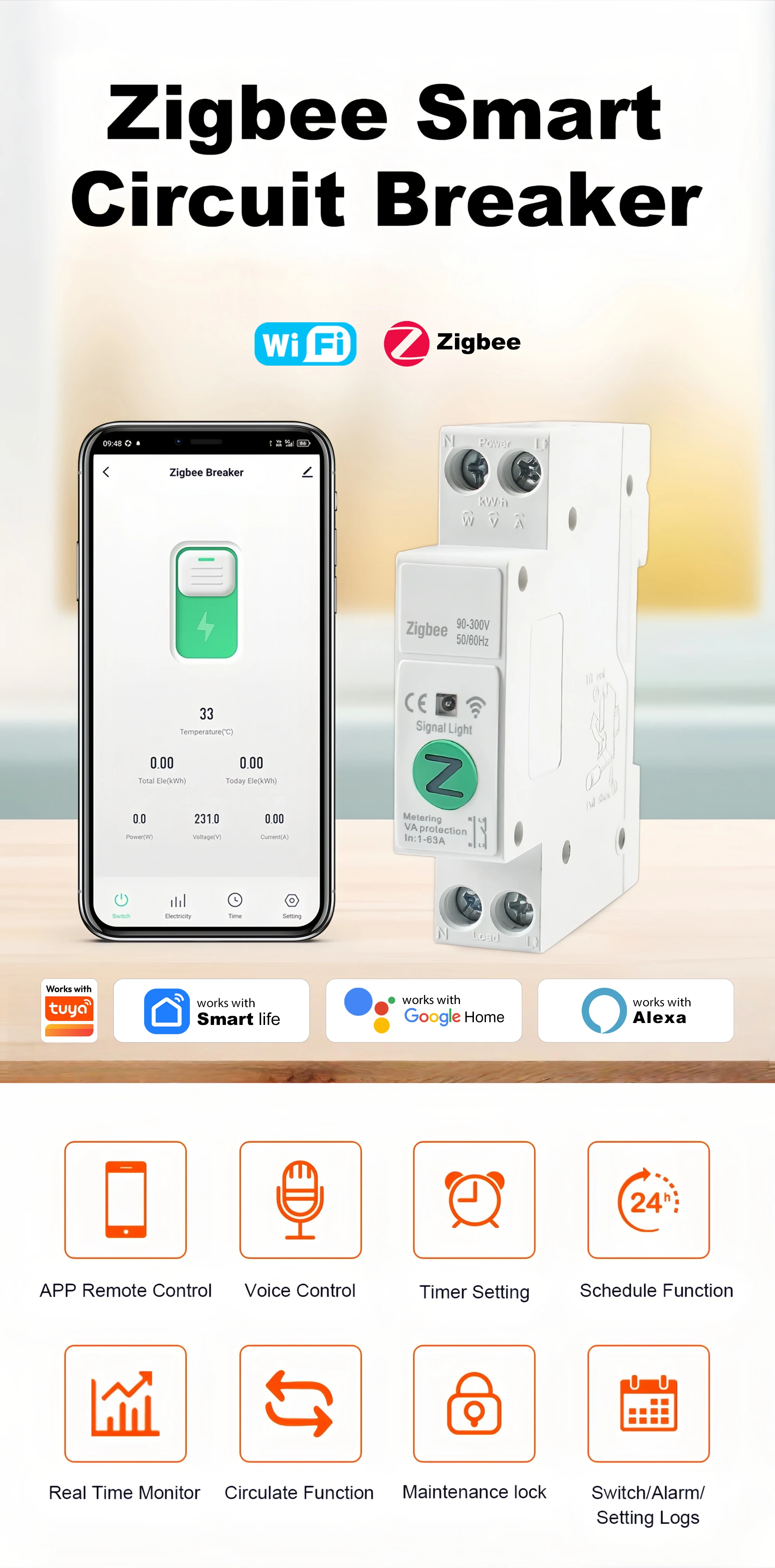 WiFi/Zigbee MCB Intelligenter Leistungsschalter mit Überstrom- und Unterspannungsschutz, Energiemessung 1-63A 1P+N Smart Life Google Alexa – Detail 1