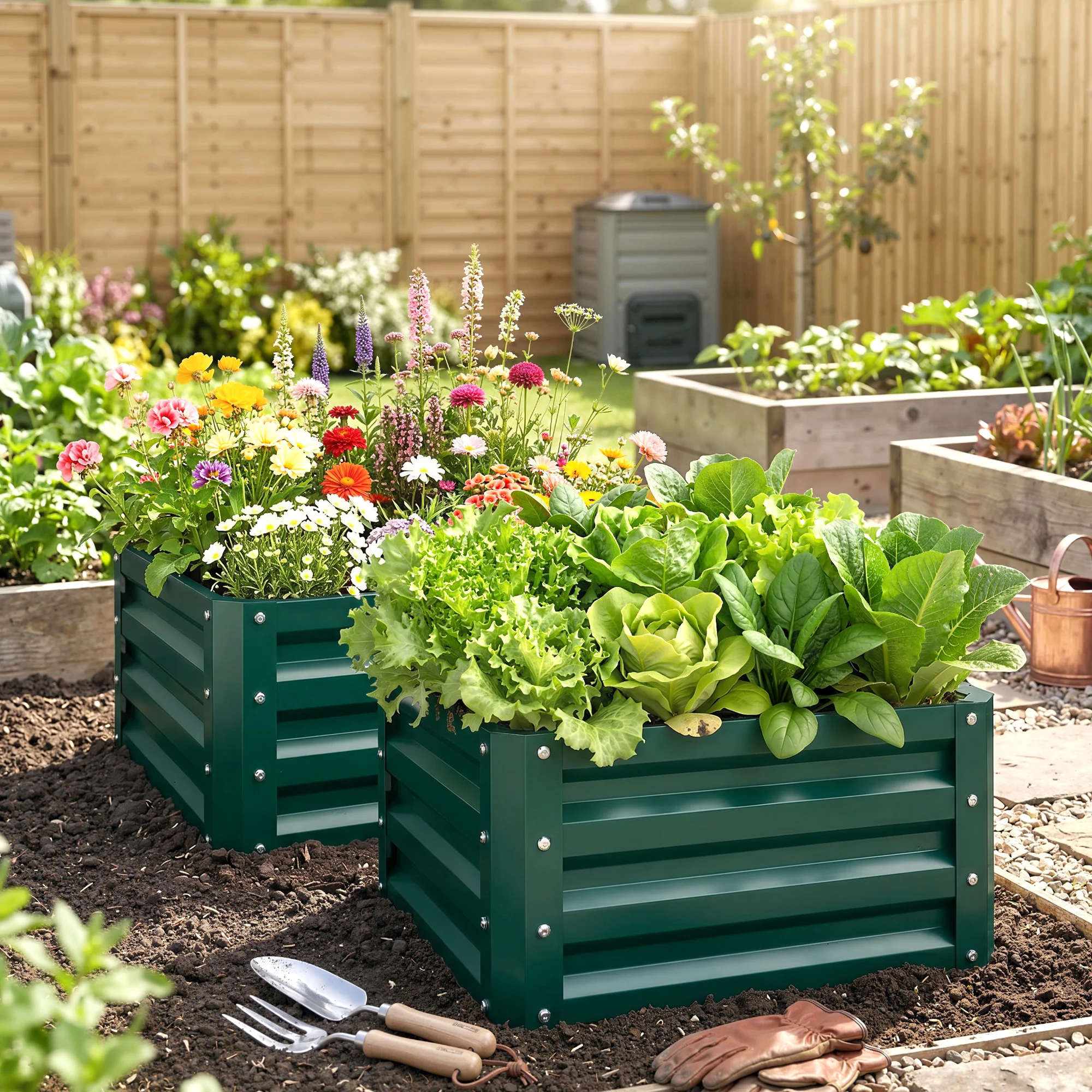 Set of 2 Raised Garden Beds Galvanized Steel Planter Boxes Easy Setup Green