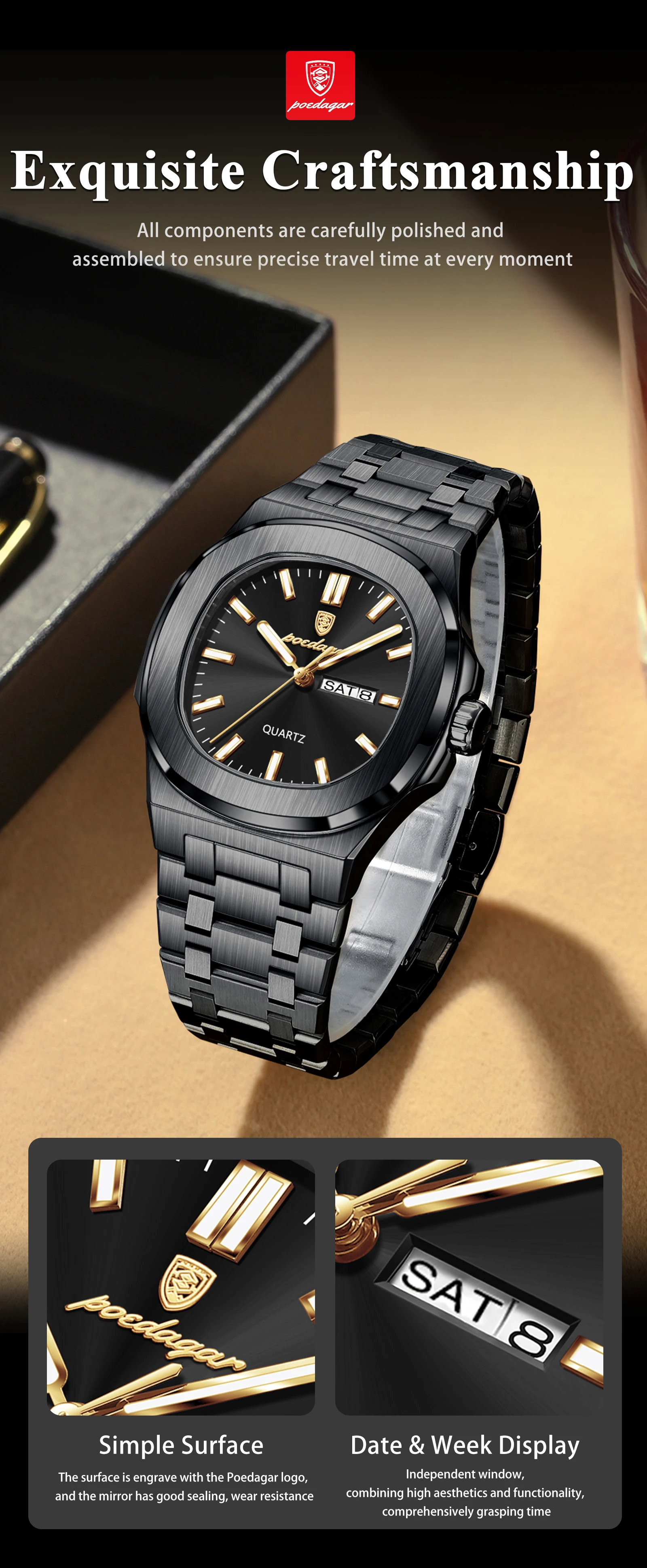POEDAGAR Luxus Platz herren Uhren Wasserdicht Leucht Datum Woche Männer Uhr Edelstahl Mode Quarz Mann Armbanduhr Reloj – Detail 5