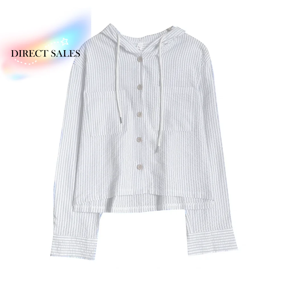 

Stylish Drawstring Striped Hooded Shirt Sunscreen Loose Long Sleeved Shirt Hoodies Retro Sweatshirts for Women Spring