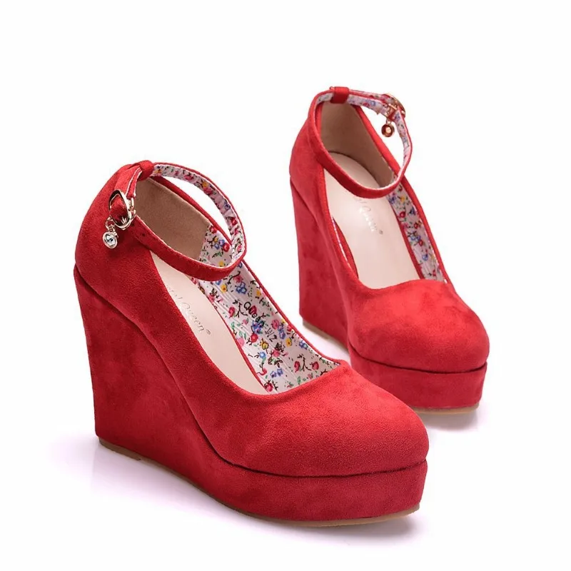 Comemore Female Pumps Women\'s Flock Buckle Ankle Strap Wedding Shoes Luxury Round Toe Red Crystal High Heels Platform Wedge 43