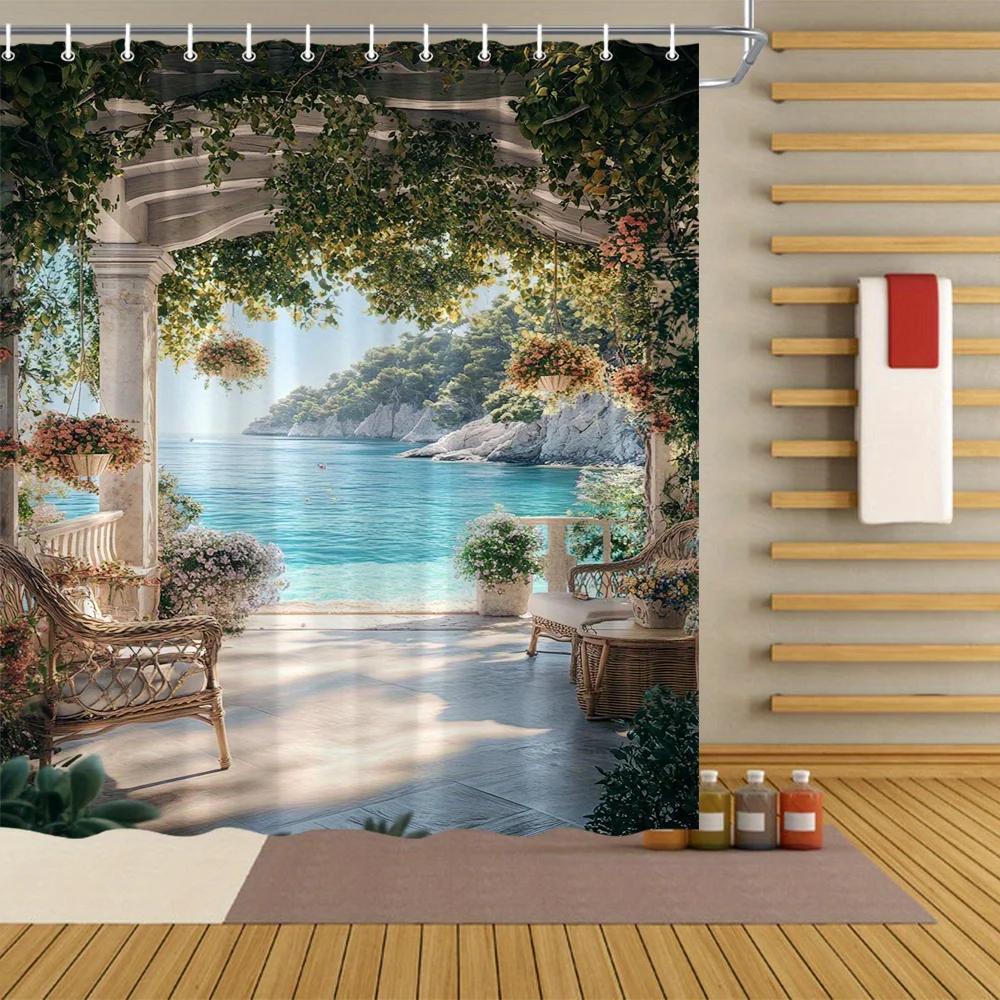 1pc Shower Curtain - Mediterranean Seaside View with a Serene Ocean, Lush Greenery, and Cozy Patio Furniture, Perfect