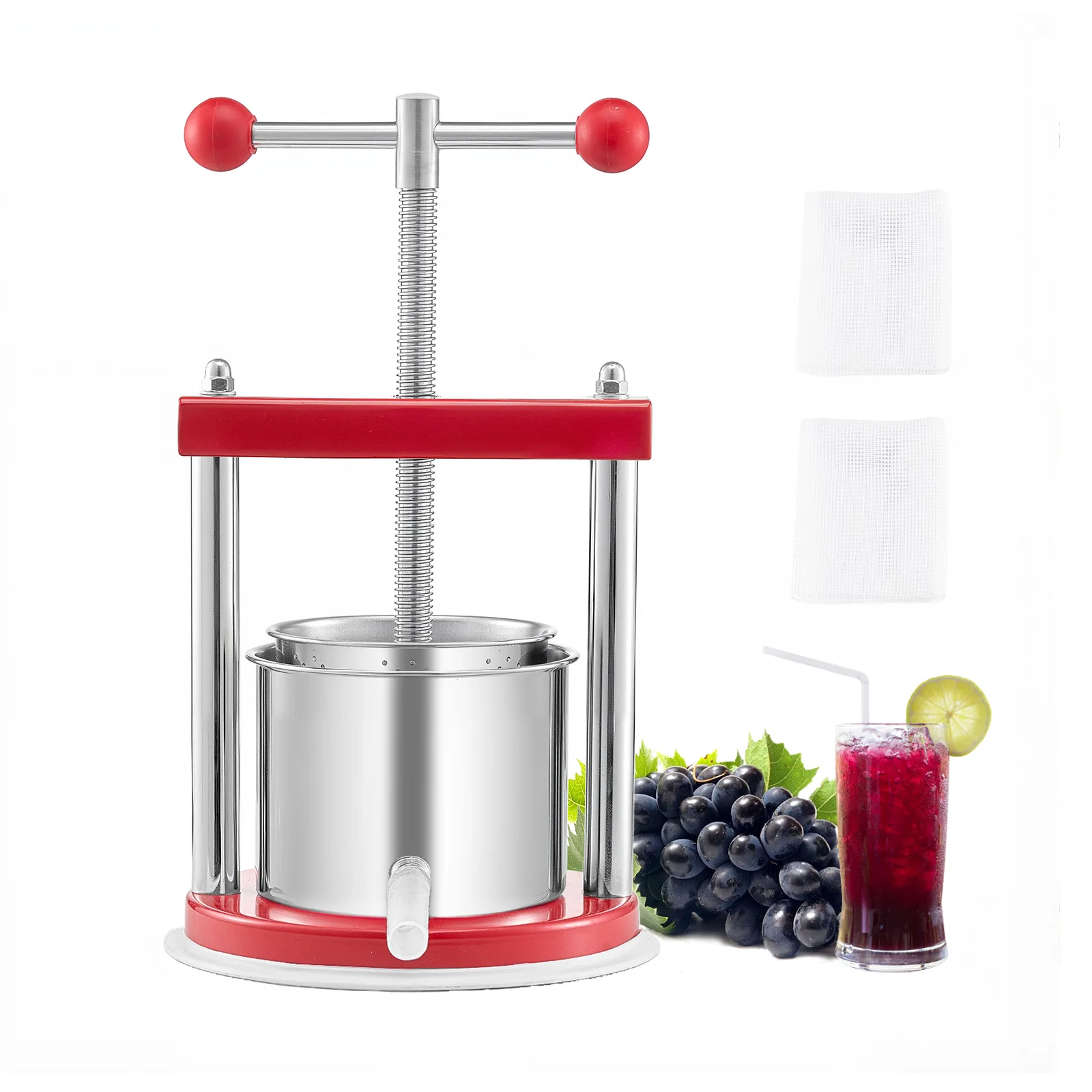 Image of SucceBuy 1,65L 3L 6L Fruchtweinpresse mit 2 Edelstahlfässern, manuelle Saftpresse, Apfelwein-, Trauben-, Tinktur-, Honig- und Olivenöl-Presse mit T-Griff für Outdoor-Küche und Zuhause