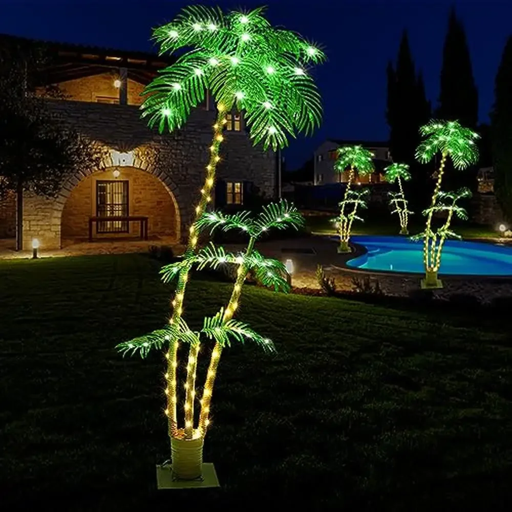 6FT Outdoor Waterproof Solar Palm Tree Light Up Decor with Remote Control Metal Trunk 8 Lighting Modes Patio Garden Beach Pool