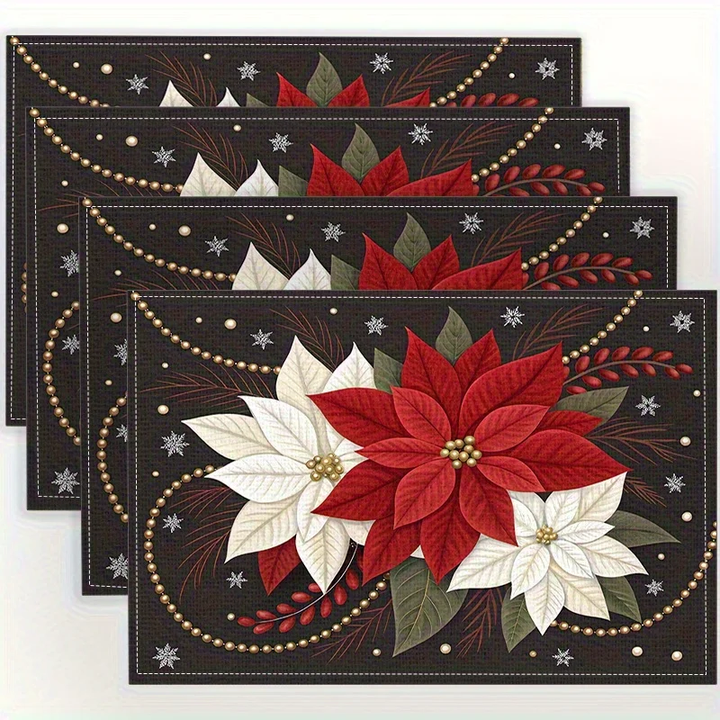 4pcs Creative Christmas Floral Bead Chain Pattern Print Linen Placemats - Machine Washable, Square Shape, Festive Poinsettia