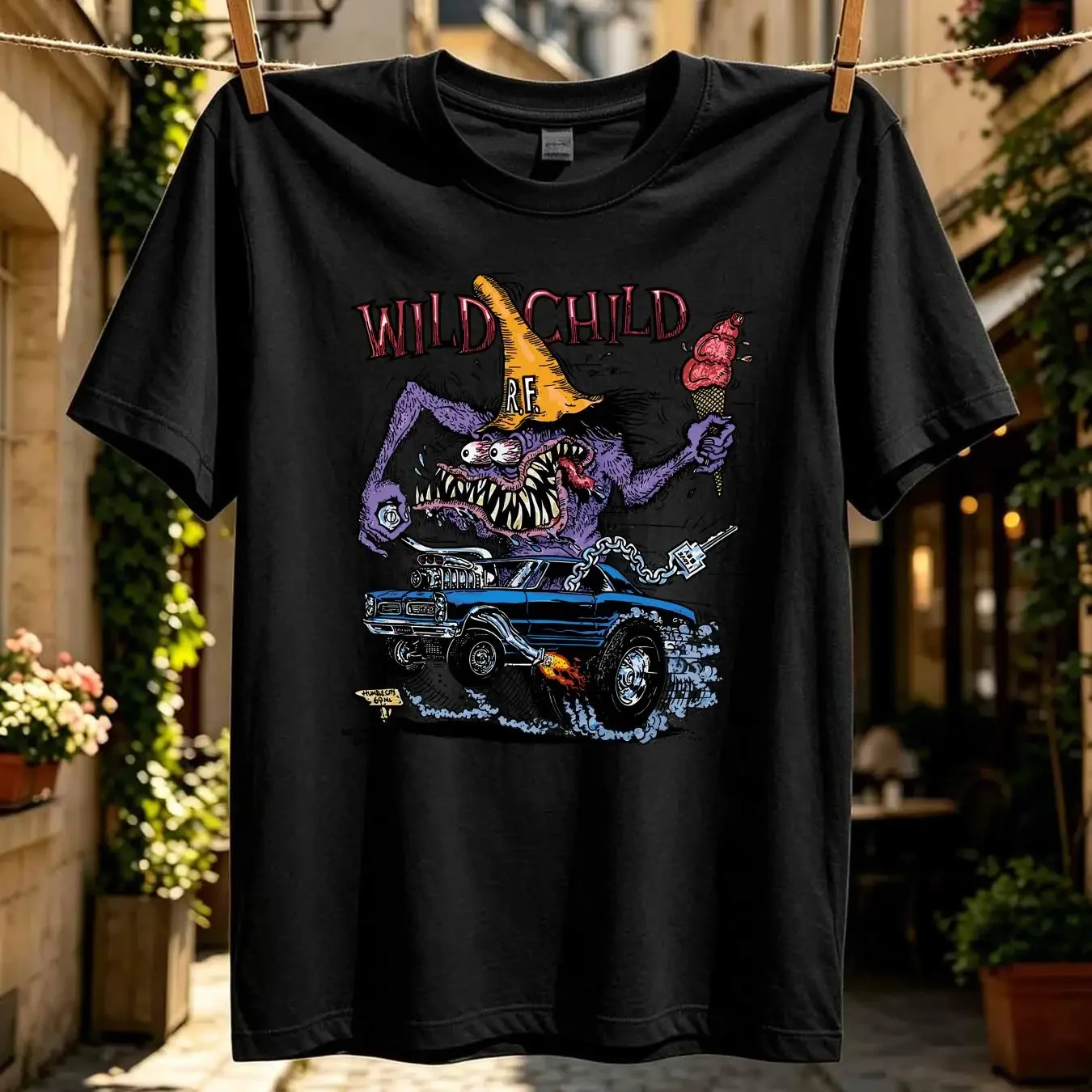 washed T Shirt Wild Child RatFink  White Print Front H1509 vintage Washed Soft Top For Everyday Wear Versatile graphic Stylish