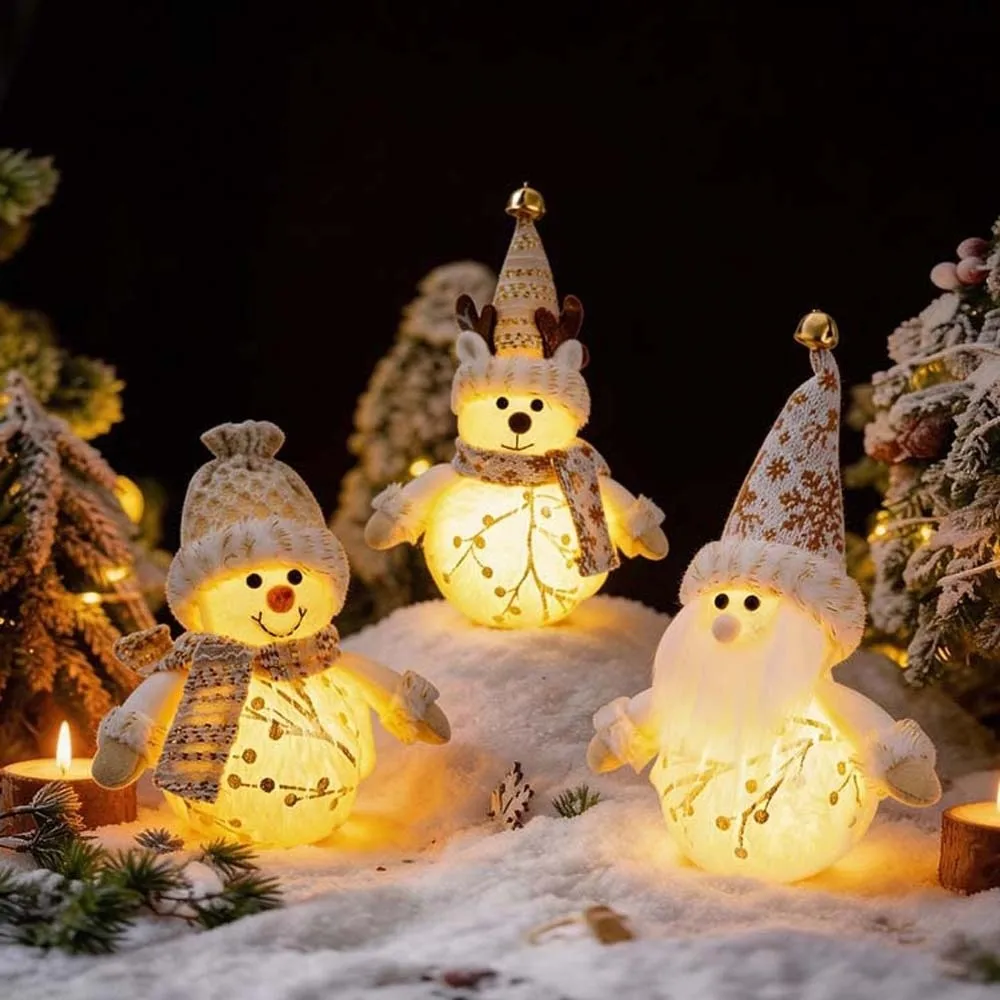 Fabric-stuffed Glowing Christmas Plush Warm-lit Button Cells Battery-powered LED Snowman Doll Soft-texture Festive
