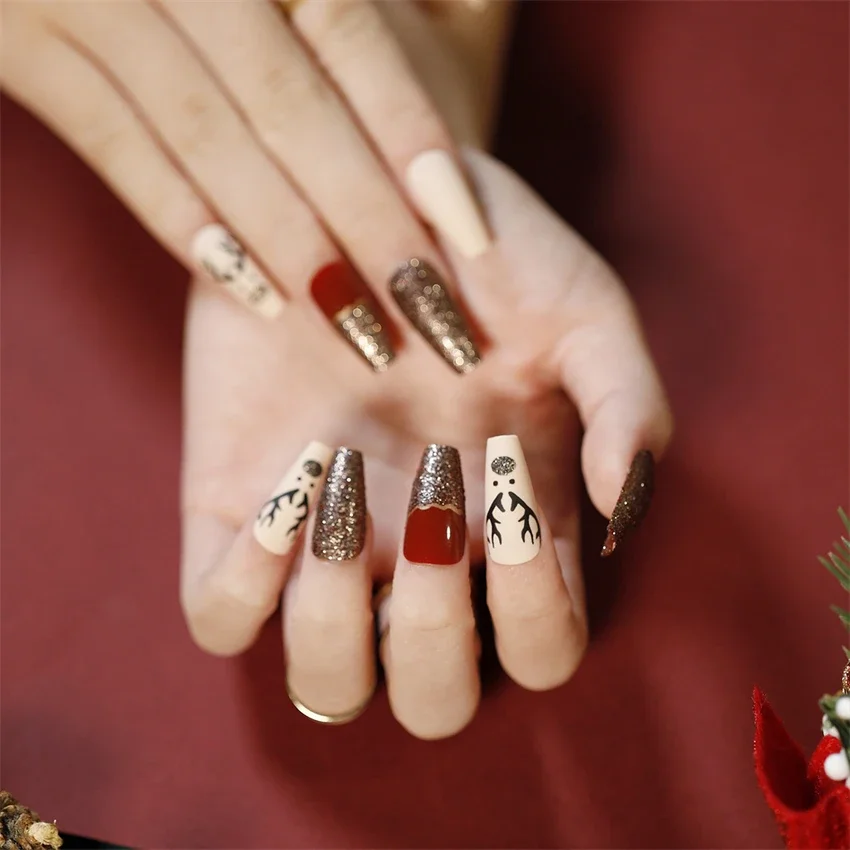 24Pcs/Set Christmas Cute Wearing False Nails Almond Shape Adhesive Acrylic Press on Nail Removable Full Coverage Fake Nail Tips