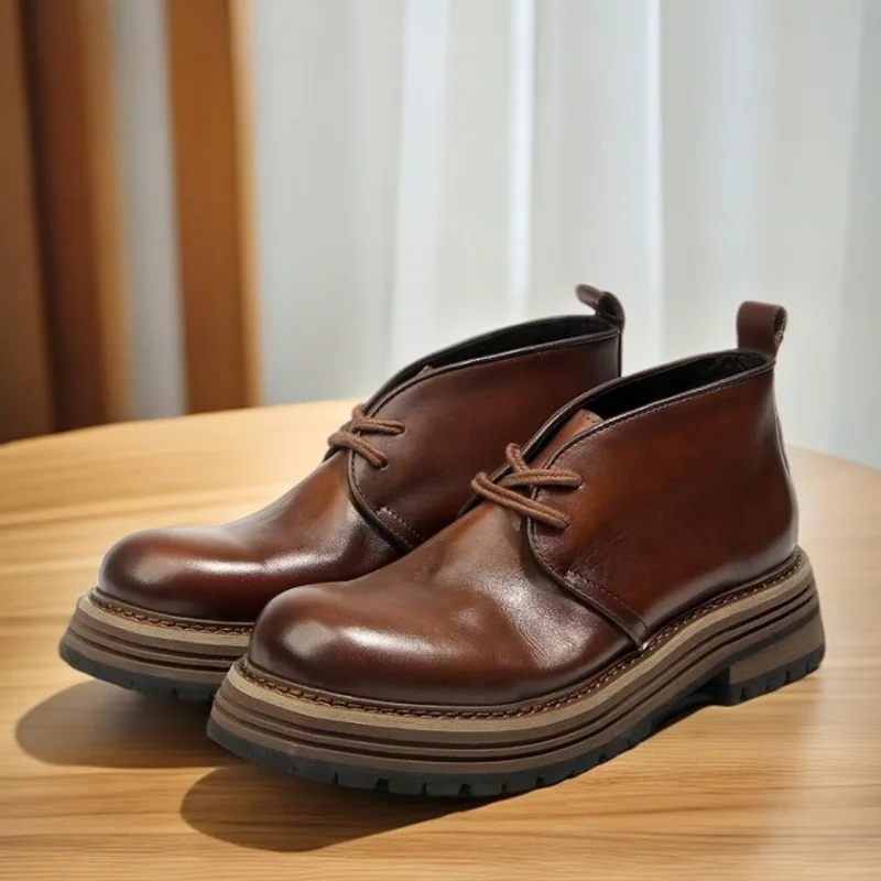 

Retro Men's Genuine Leather Motorcycle Boots Brogues Shoes Thick Heel Mid-calf Western Chelsae Boots Formal Dress Shoes Brown