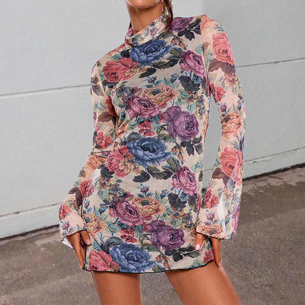 

51465 New Women's Clothing Sexy Boho Style Printed Half High Collar Mesh Splicing Long Sleeve Dress casual medieval retro lace