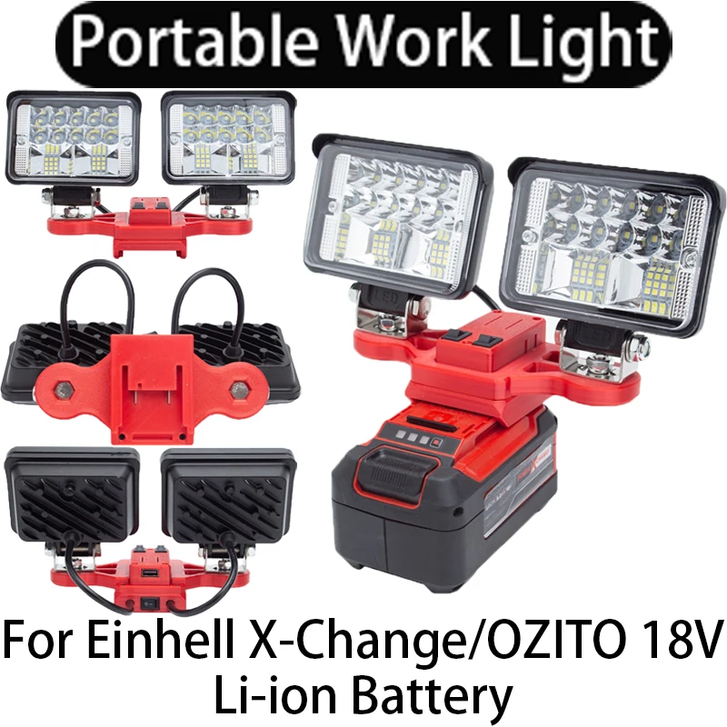 24W Cordless LED Worklight 2head USB Fast Charge For Einhell OZITO/X-Change 18V XR Li-Ion Battery Camping Portable Lantern