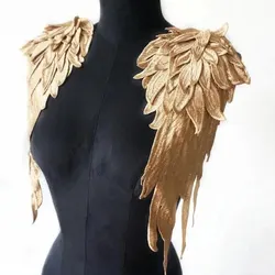 2Pcs 자 수 천사 날개 골드 브라운 Applique 바느질 꽃 칼라 패치 웨딩 파티 가운 신부 드레스 의류 DIY 공예