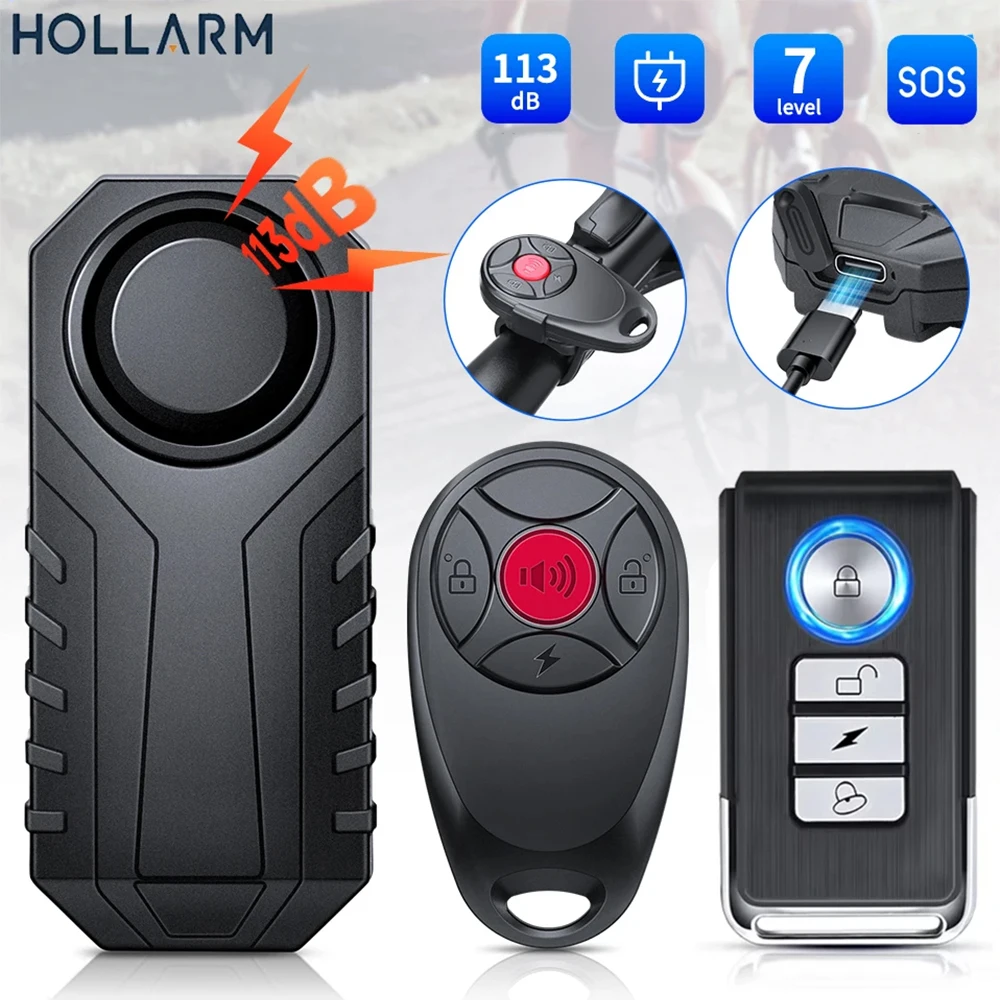 

Hollarm 113dB Anti Theft Motorcycle Alarm Waterproof USB-C Charge Bicycle Alarm Wireless Remote Control Bike Finder