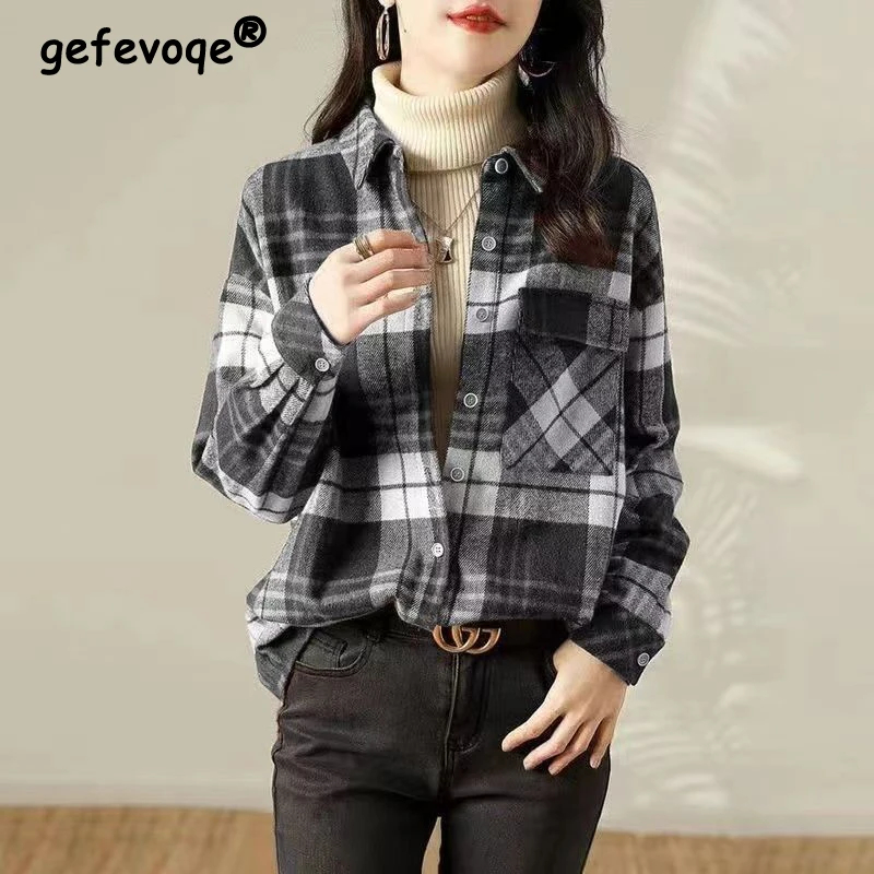 

Women Trendy Vintage Plaid Thick Y2K Button Shirts Autumn Winter Casual Streetwear Pockets Blouses Female Long Sleeve Loose Tops