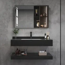 Armário de banheiro moderno de pedra de sinterização e combinação de armário de lavatório de armazenamento lateral de espelho inteligente