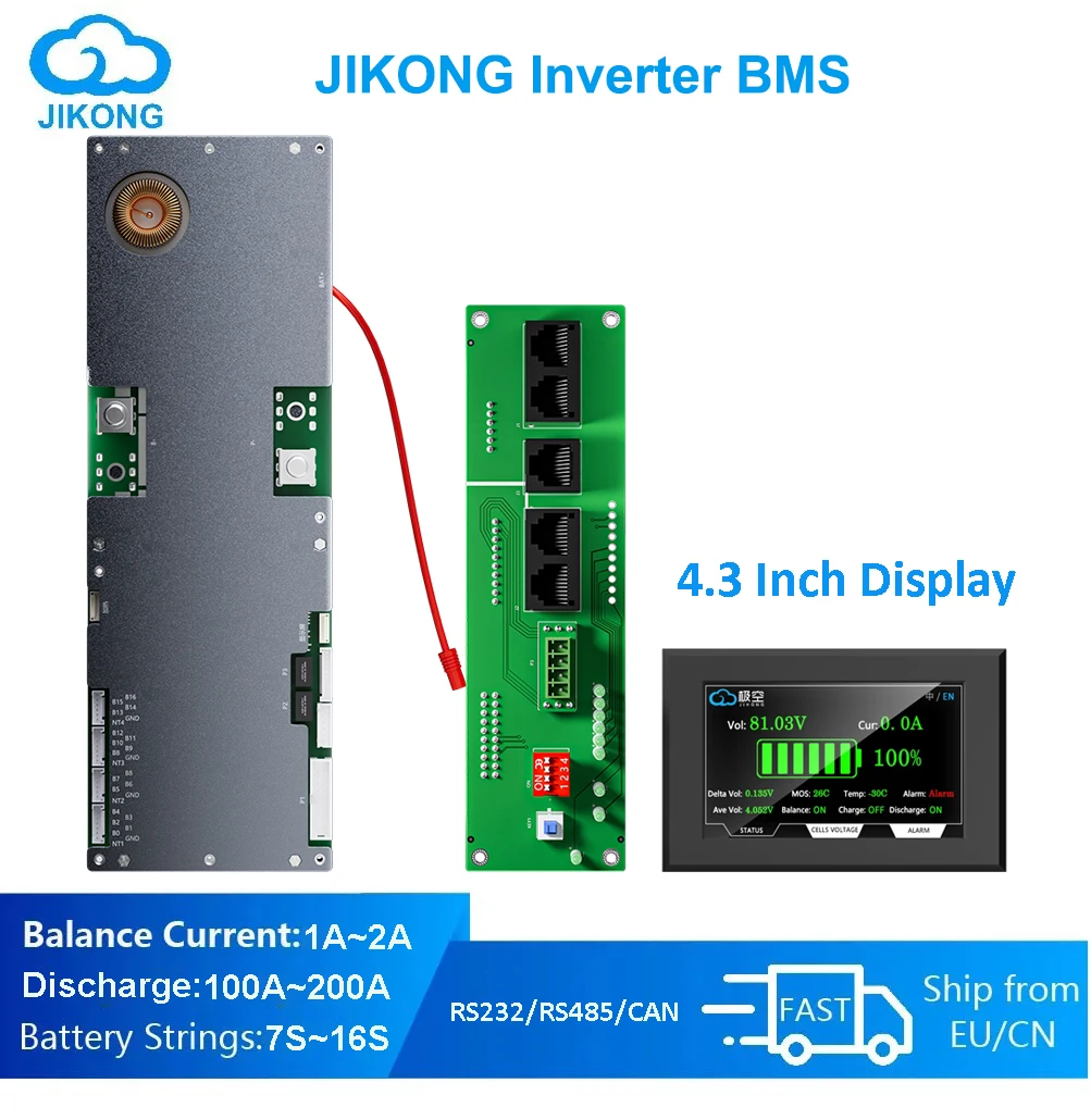 Jikong smart inverter bms mit 4.3 "display 8s-16s 100a 200a lifepo4/li-ion/lto haushalts energie wechsel richter bms aktiver balancer