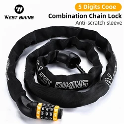 WEST BIKING Bike Chain Lock 5 Digit Code Combination Anti-Theft Bicycle Lock 65-150cm Multi-length Motorcycle Ebike Accessories