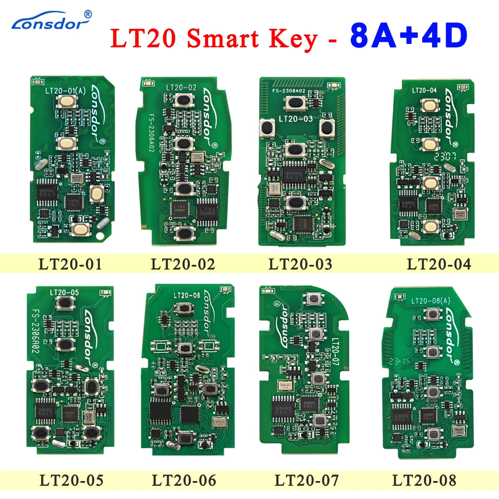 

Lonsdor LT20-01 LT20-04 LT20-08 Smart Key PCB 8A+4D Adjustable Frequency For Toyota & Lexus Support K518 & K518ISE & KH100+