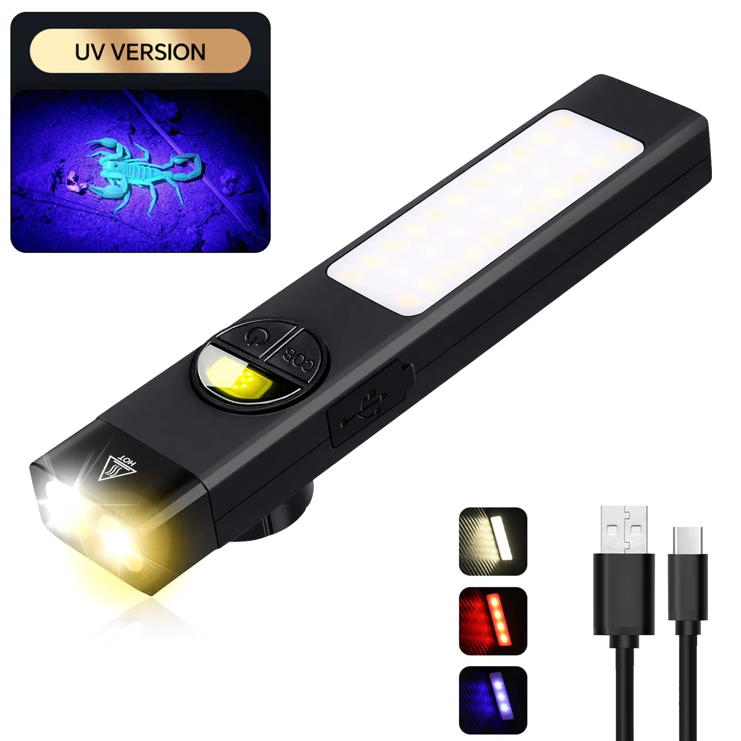 

Тактический фонарик с УФ-защитой 365 нм, 400 люмен, основной фонарь COB, магнитный хвост, 8 режимов, боковой фонарь, зарядка типа C, аварийный туризм для кемпинга