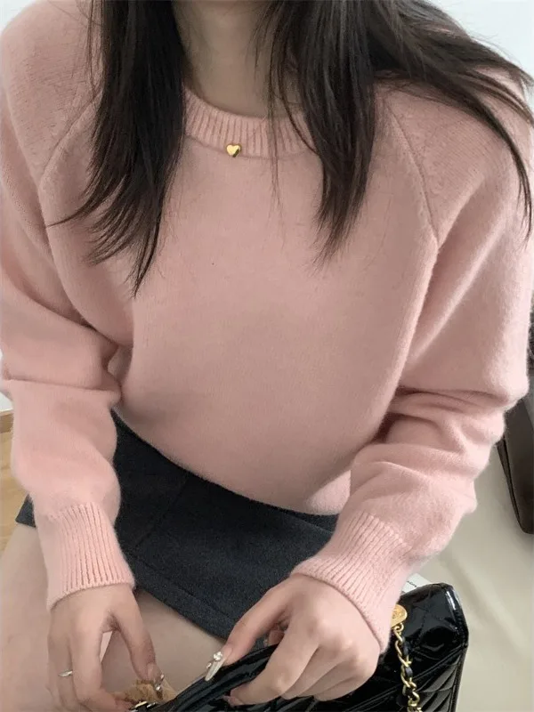 

Милый однотонный круглый свободный вязаный свитер в Корейском стиле, женский модный свободный крой, длинный топ све