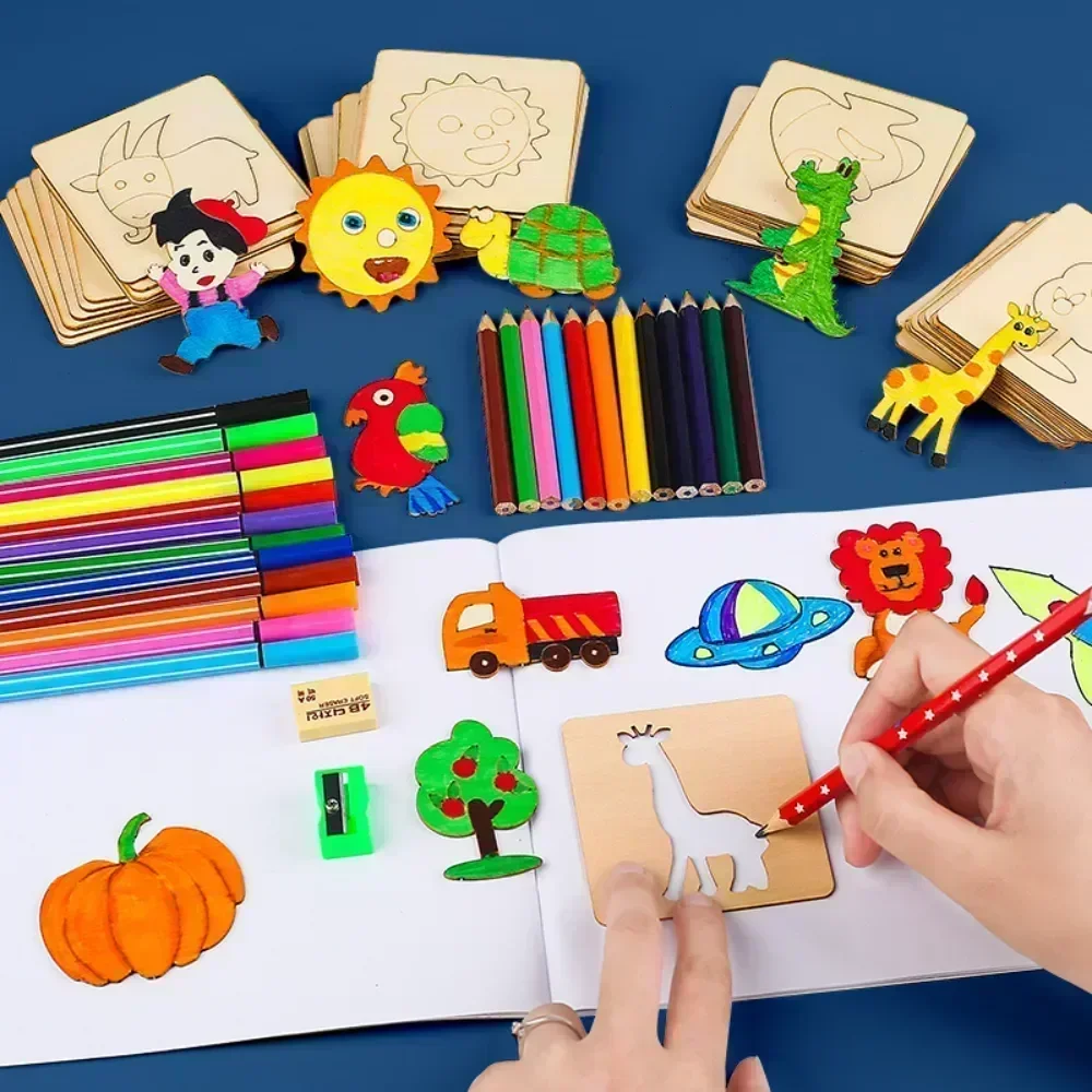子供のためのモンテッソーリ木の描画おもちゃ,DIY絵画テンプレート,クラフトパズル,教育玩具,20個