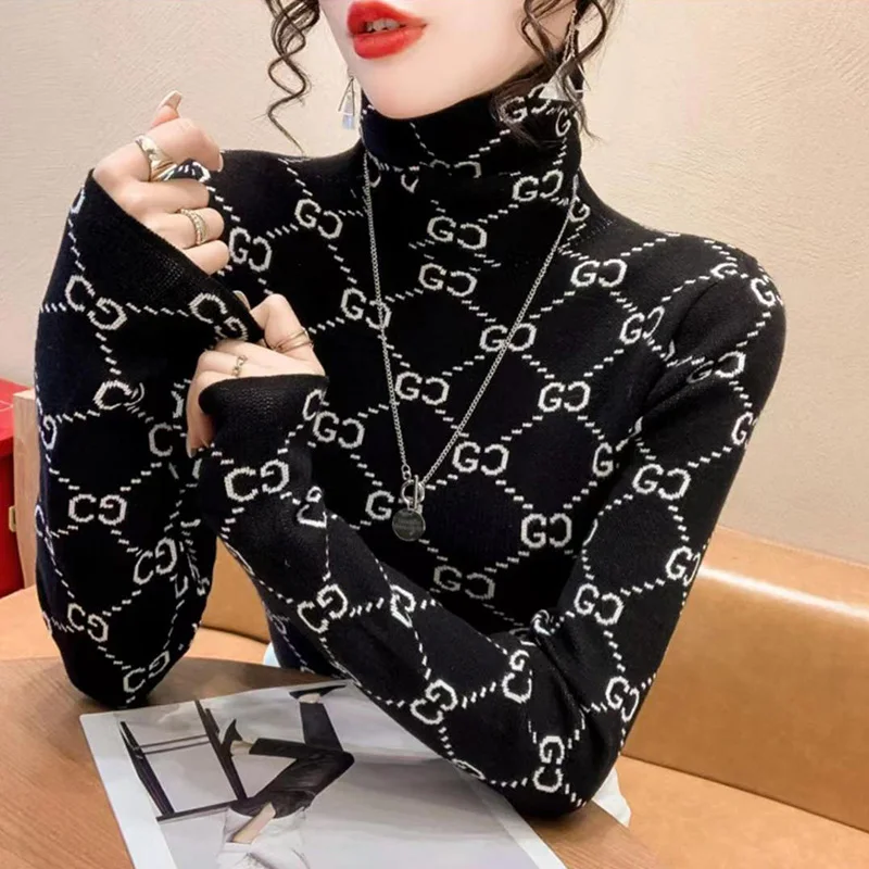 Autumn Winter High Quality Knitted Jumper Women Clothing Slim Warm Comfortable Elasticity Sweaters Chic Letter Jacquard Knitwear