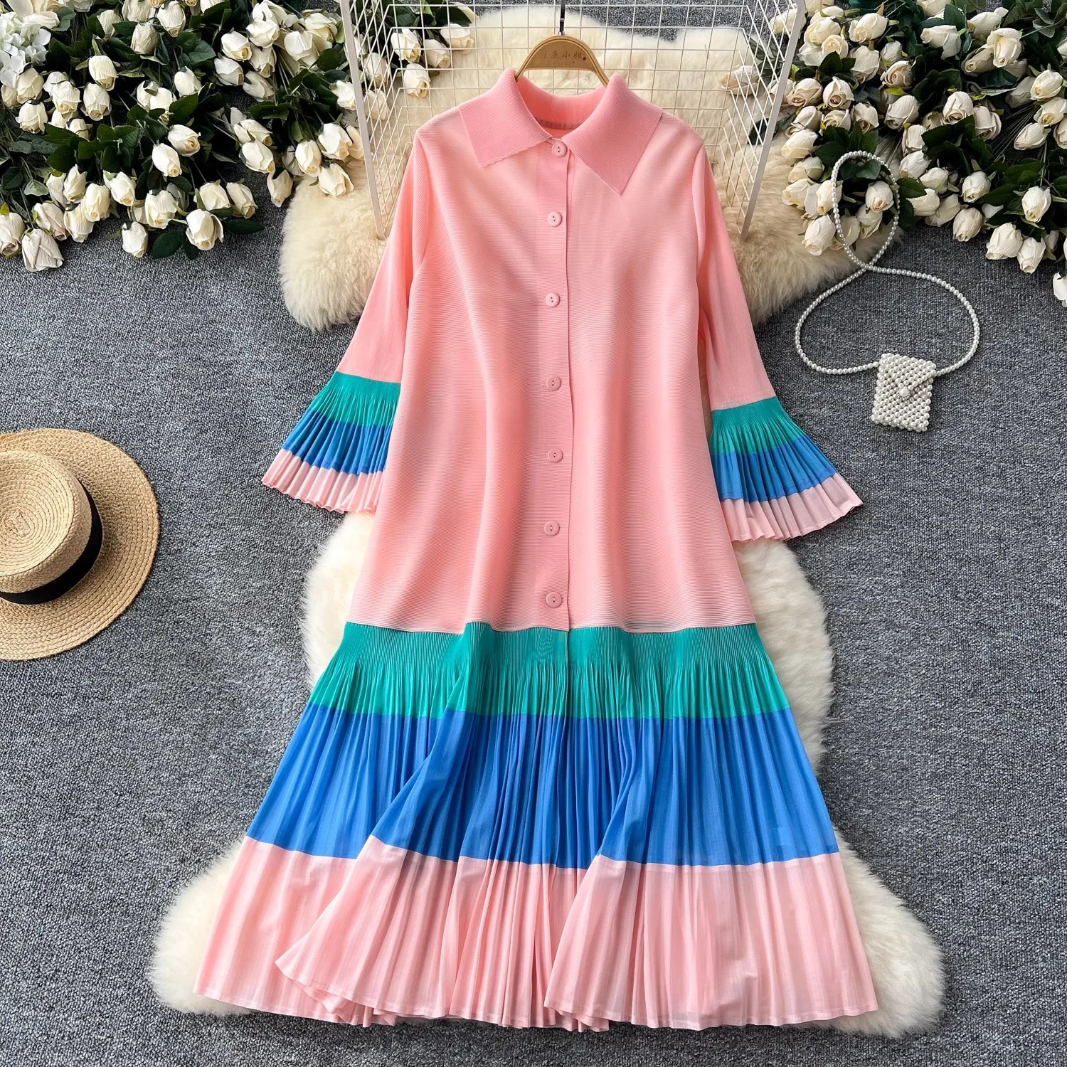 

Fashion Colorblock Miyake Draped Pleated Dress Women Flare Sleeve Single Breasted High Stretch Oversize Loose Long Robe Vestido