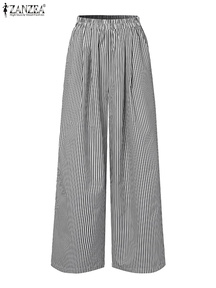 

Korean Fashion Stripes Straight Pants ZANZEA Women Elastic High Waist Pant 2024 Summer Wide Leg Trousers Casual Pocket Pantalon