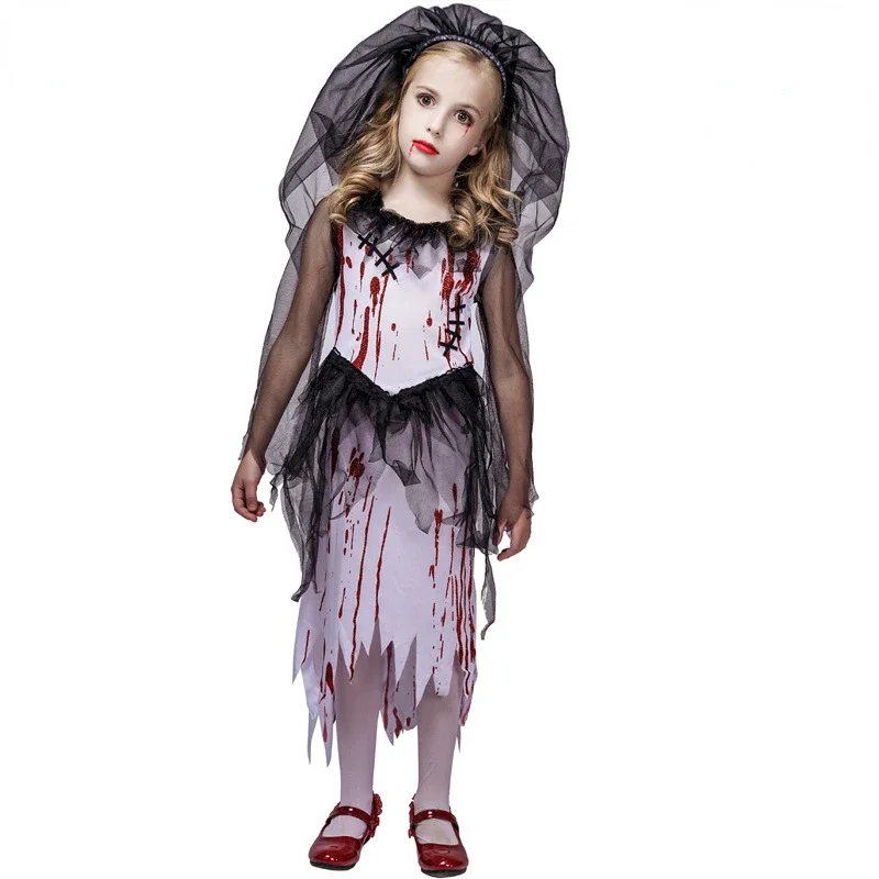 Halloween Horror Bloodstained Little Girl Ghost Bride Dress Cosplay Costume Party Prank Clothing Children Kids Girls Movie Dress