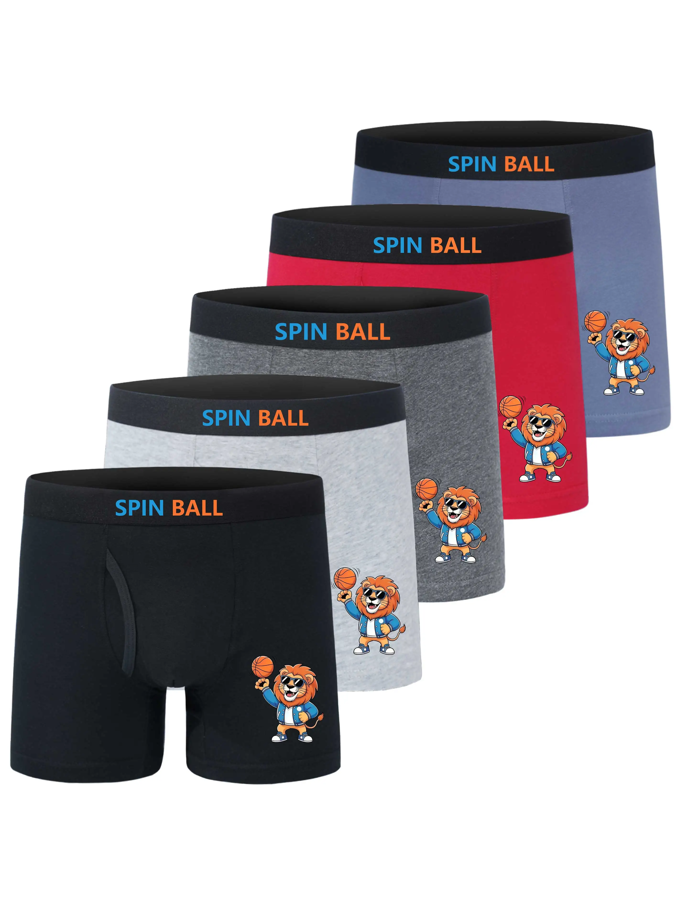 5er-Pack Jungen-Boxershorts, mehrfarbig, Sommer, Löwen-Basketball-Print, atmungsaktive Unterwäsche mit elastischem Bund, Kinder-Boxershorts
