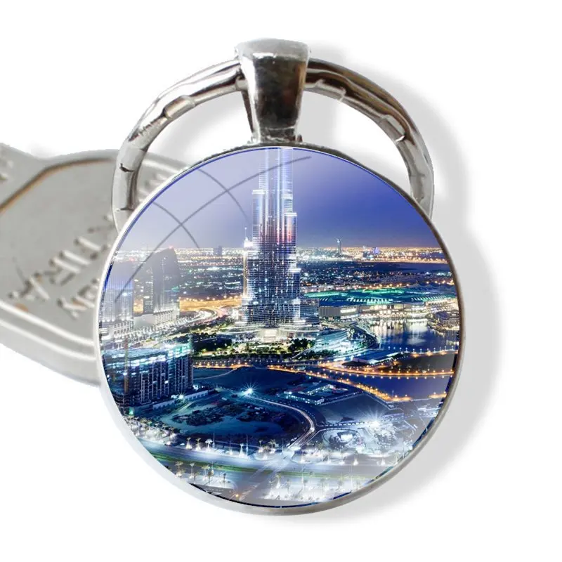 Dubai Burj Khalifa Tower Building Keychain Handmade Glass Cabochon Key Ring Holder Pendant Key Chains Funny Gift Design Creative