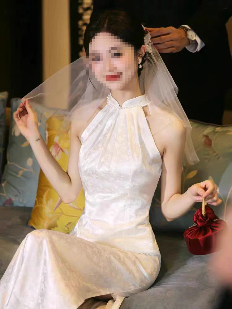 

Белый утренний халат в китайском стиле для молодых женщин, облегающий, летний, короткий, для невесты