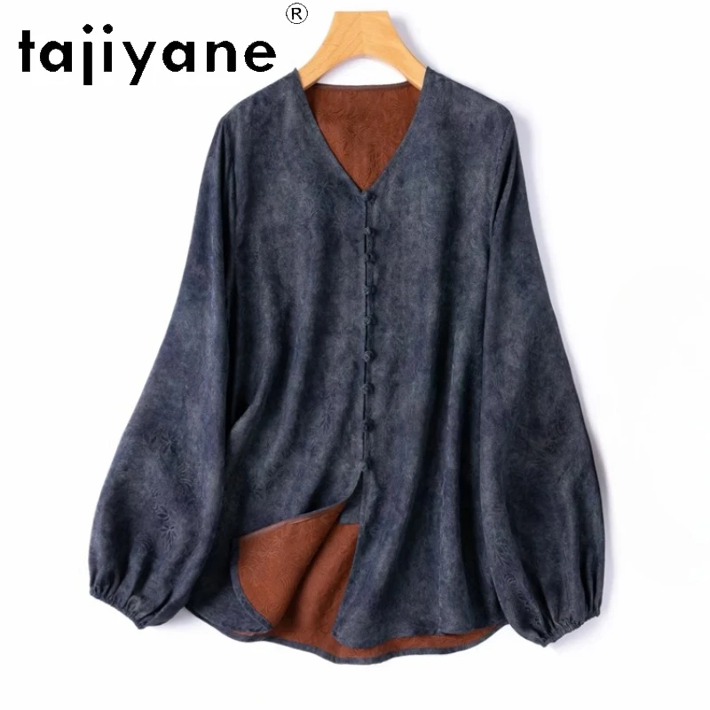 

TAJIYANE 100% Mulberry Silk Blouse Elegant V-neck Shirt Woman Lantern Sleeves Summer Tops 2025 Fashion Ladies Clothes Блузка