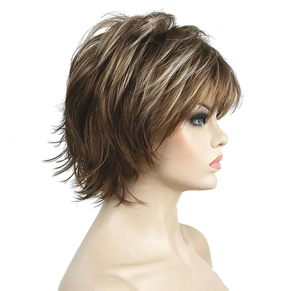 Short natural Layered Shaggy Wavy Full Synthetic Wigs Short Layer Hair Fully Synthetic Wig Brown Highlights Wigs For Women