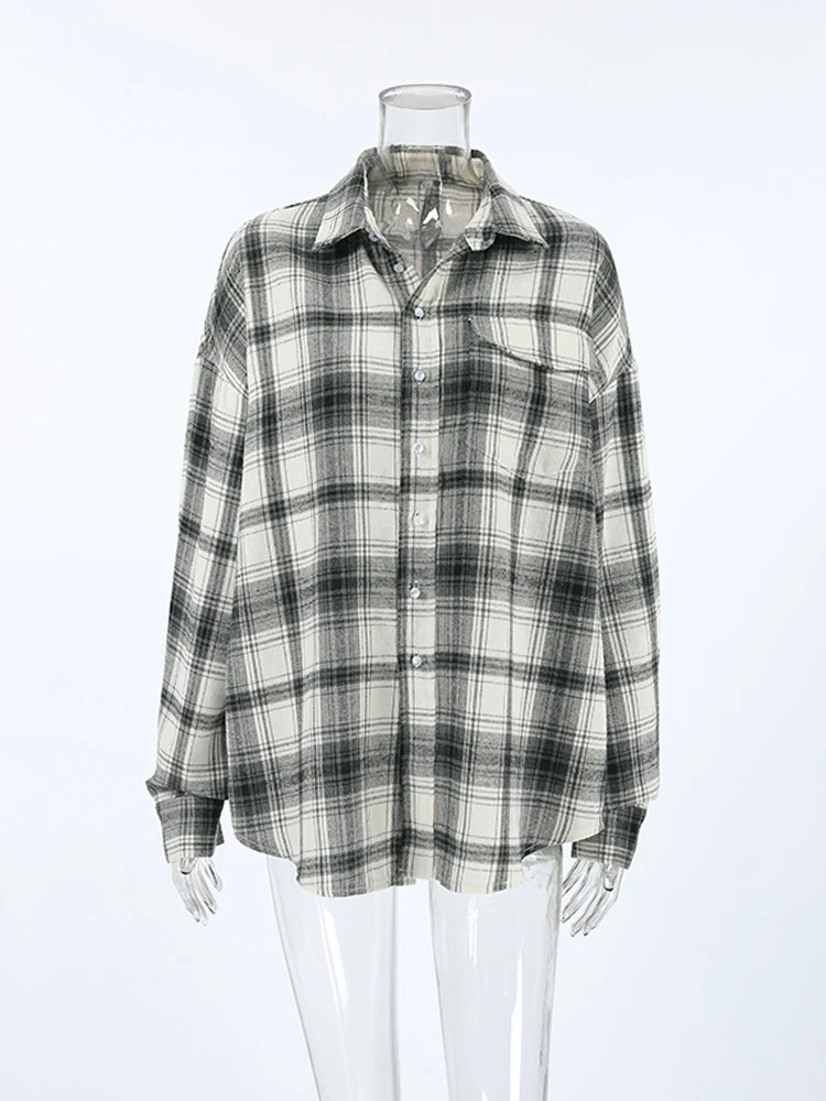 Mumaroho 2024 Women Autumn Winter Long Sleeve Oversized Plaid Shirt Vintage Loose Fit Blouse For Woman