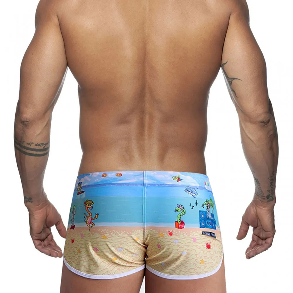 New Swim Trunk Men Sexy Boxer Shorts Surfing and Beach Sports Men\'s Swimming Pants Swimsuit Swimwear Blue Printed