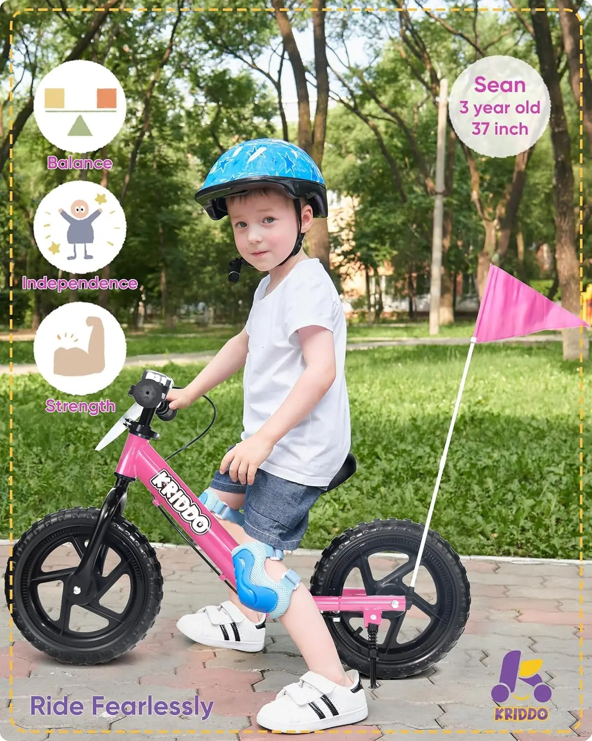 Pro peuterloopfiets 2+ jaar oud met handrem en standaard, 12 inch duwfiets, cadeaufiets voor 2-5 jongensmeisjes, roze