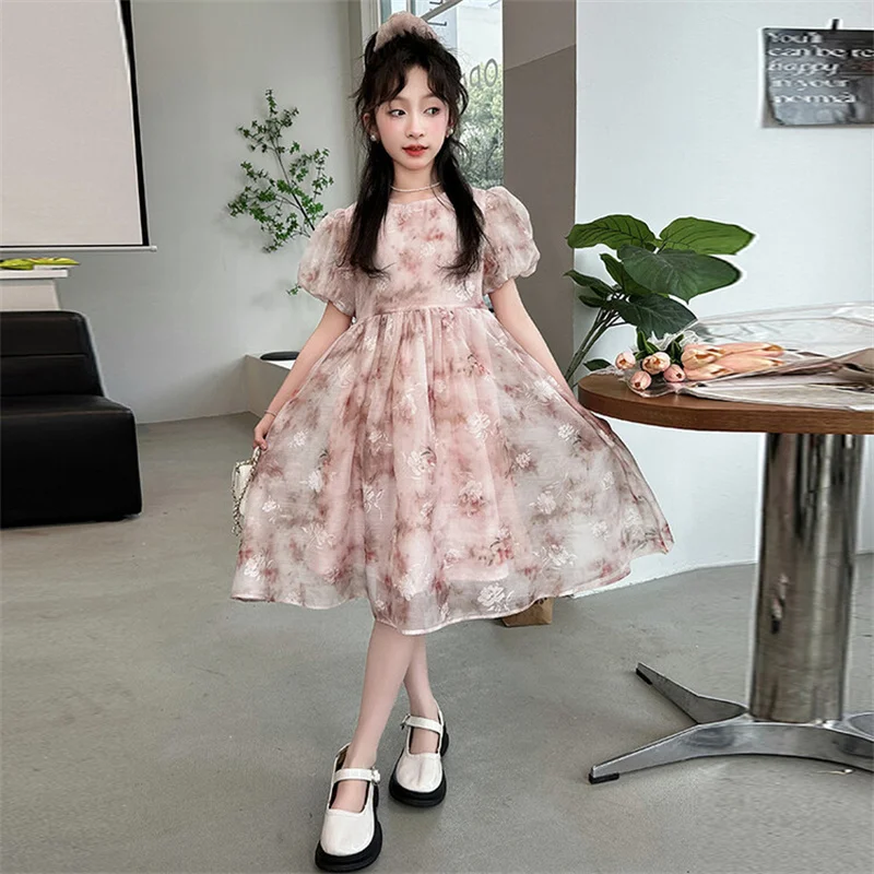 Girls Summer Dress 2024 new CuHK children Korean edition floral chic princess dress 6-12 years old 15 years old sweet