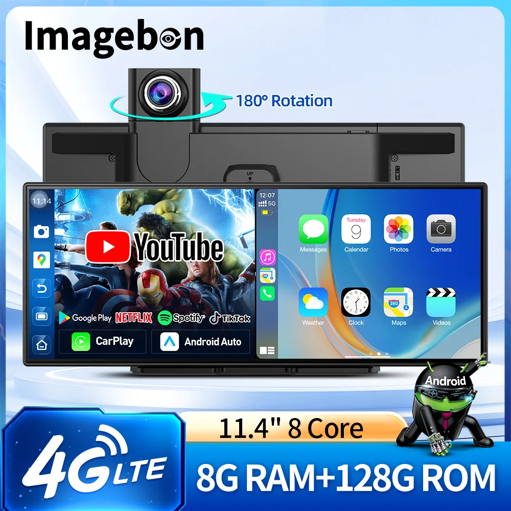 Imagebon 11,4" 4G LTE Android Dash Cam 8 Core 8+128G CarPlay & Android Auto 24h Parküberwachung Google Play Youtube Auto DVR