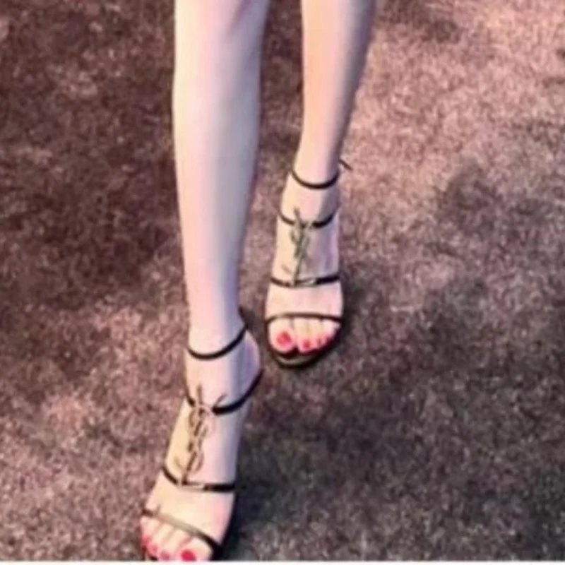 2024 Early Spring French Letters Gold Buckle High Heels Black Genuine Leather Womens Shoes Open Toe Stiletto Temperament Sandals