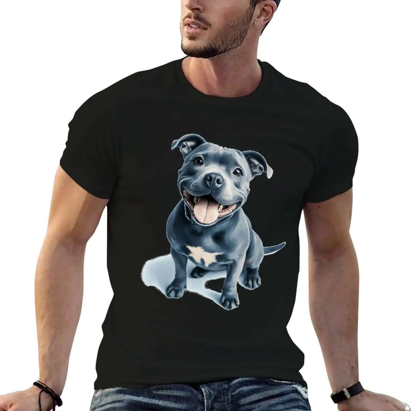 Blue Staffy Portrait T-Shirt t shirt men 100% cotton luxury brand cotton tshirt 100% T-Shirt