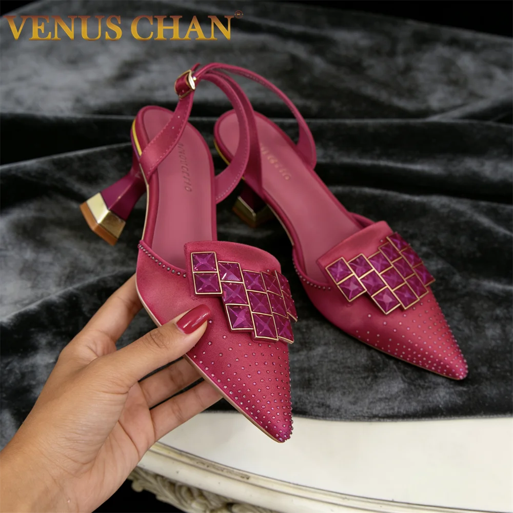 Venus Chan 2026 New Fuchsia Color Rhinestone Pointed Toe High Heels - Elegant Italian Style Footwear for Women's Parties