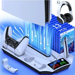 3 Mode Led Cooling Fan for PS5 Vertical Stand 2 Controller Charging Dock for Sony Playstation 5 Disc/Digital with 13 Game Slot