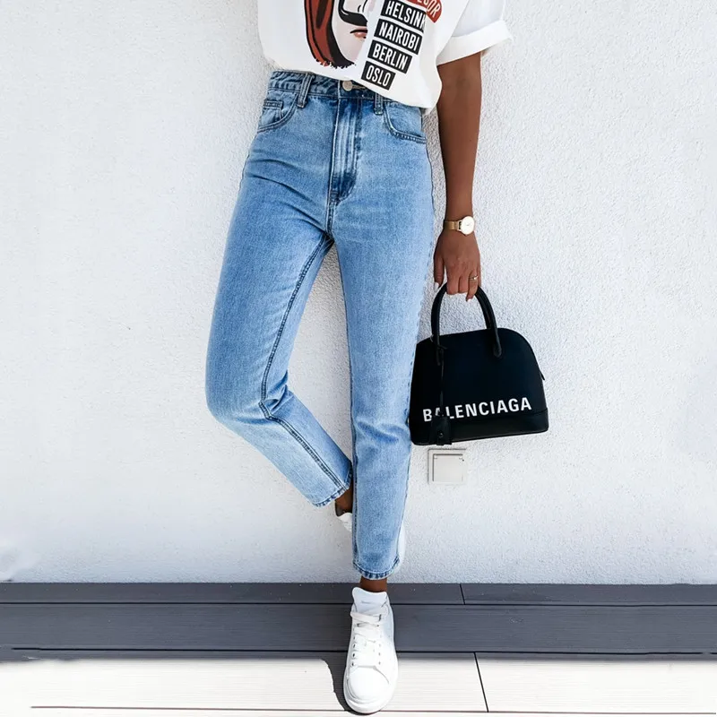 Jeans met hoge taille en rechte pijpen Lange damesbroek Katoen Stretch Denim Ritssluiting Veelzijdig seizoensgebonden lichtgekleurd