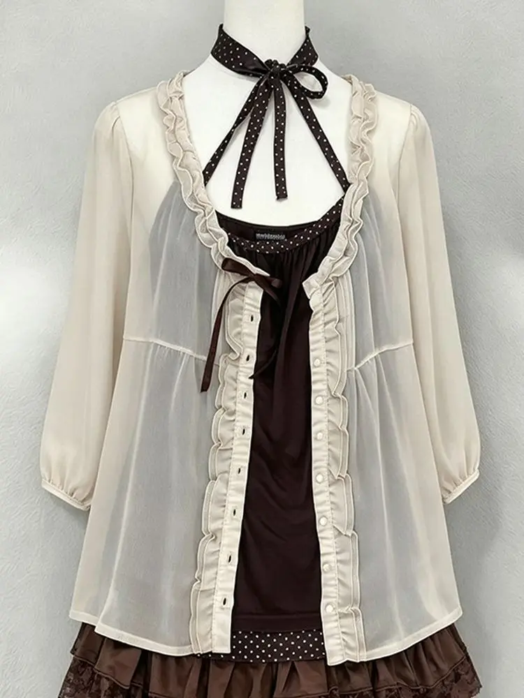 Vintage Hapanese Style Sets Women Polka Dot Neck Strap Lace Cake Dress Button Up Cardigan Sweet Three-piece Set Summer 2026 New view 5