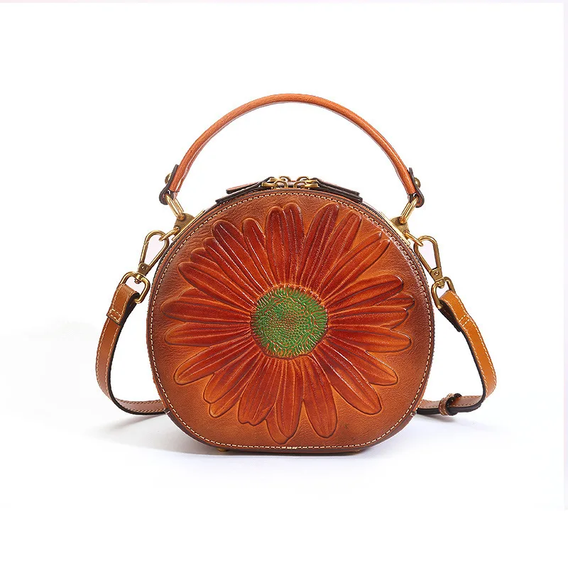 

Genuine Leather New Women's Handbag National Style Small Round Head Layer Cowhide Shoulder Crossbody Bag