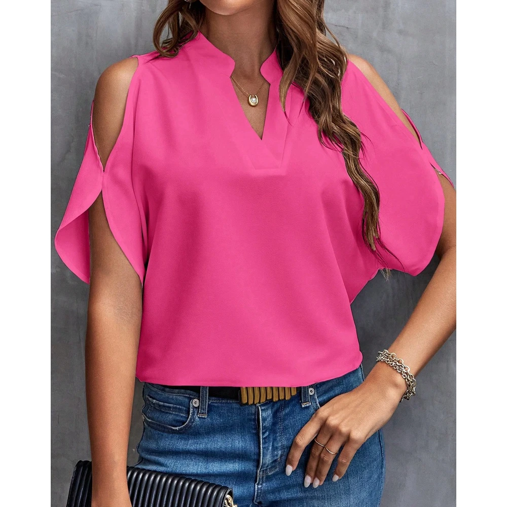 

Women Cold Shoulder Asymmetric Half Sleeve Casual Shirts Spring V-neck Blouse Summer Top Elegant Outwear Solid Blusa Mujer