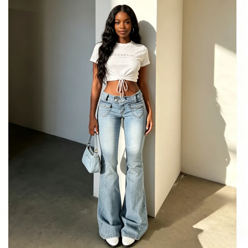 Women Flare Jeans Denim Pant Vintage Washed Two Buttons Low Waist Straight Trousers Y2k Streetwear Work Slim Fit Splice Summer