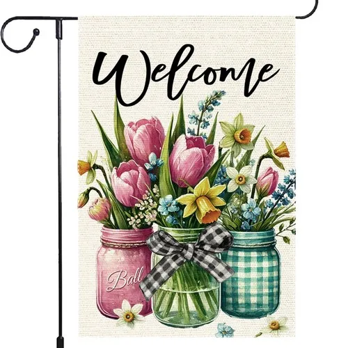 Welcome Tulip Mason Jar Buffalo Plaid Garden Flag Yard Outdoor Rustic Farmhou... OOV IIC