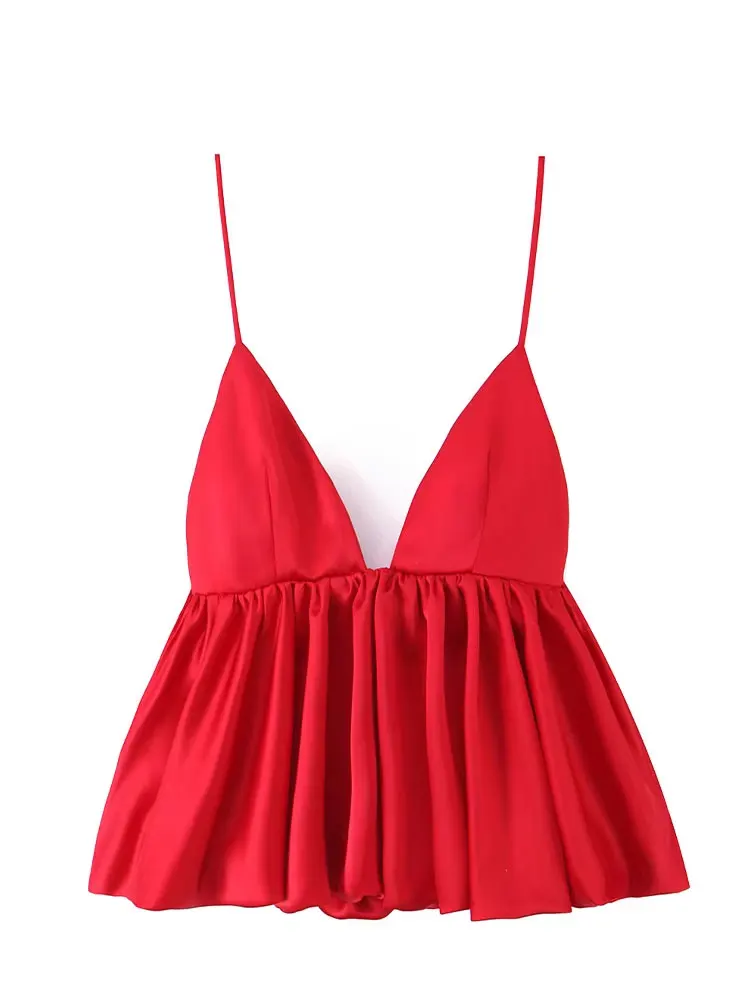 HH mujer verano moda satén textura rojo Sling Tops cuello pico sólido sin mangas espalda descubierta elegante plisado Sexy camisetas sin mangas de fiesta